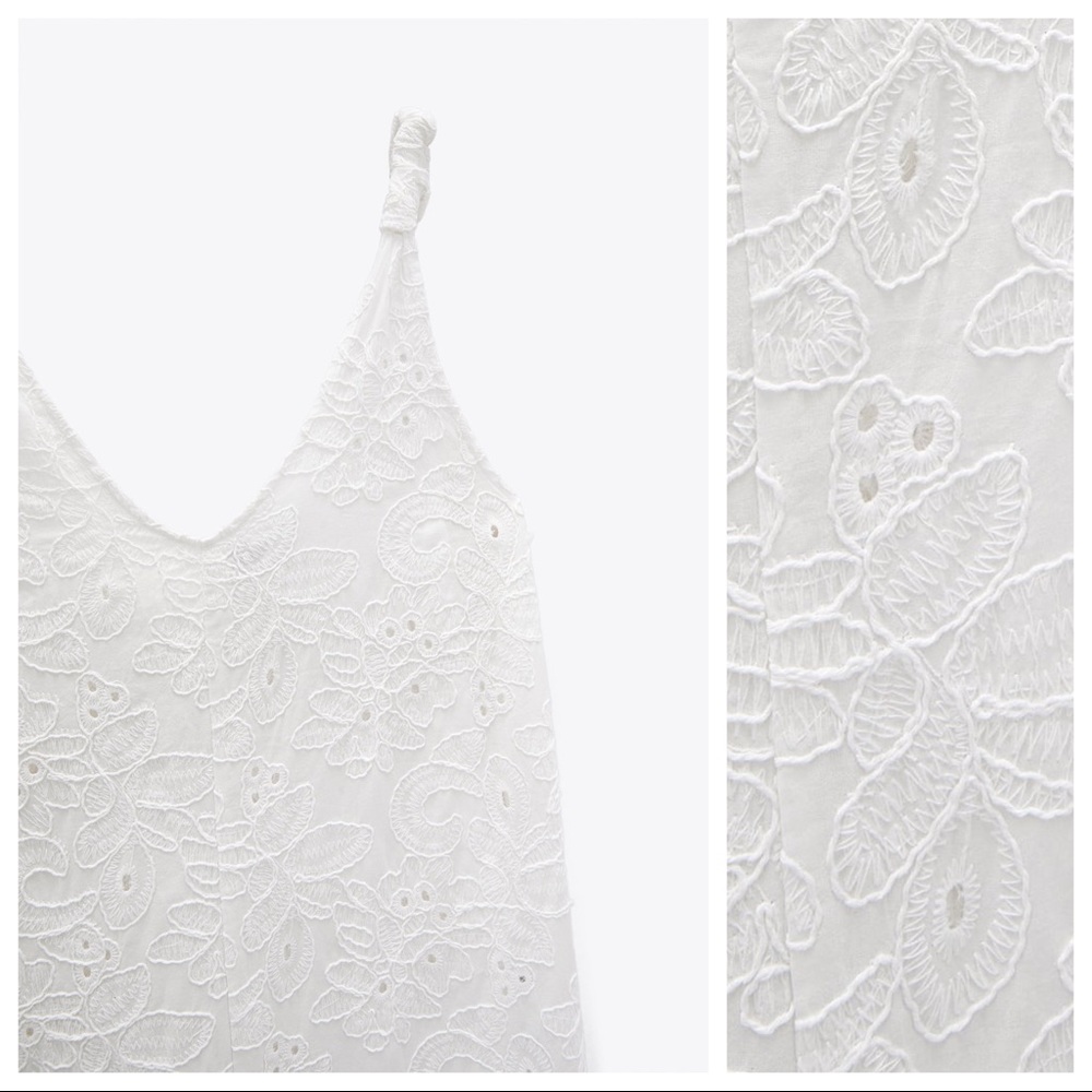 Zara White Broderie Anglaise Wide-Leg Jumpsuit - Picture 7 of 10